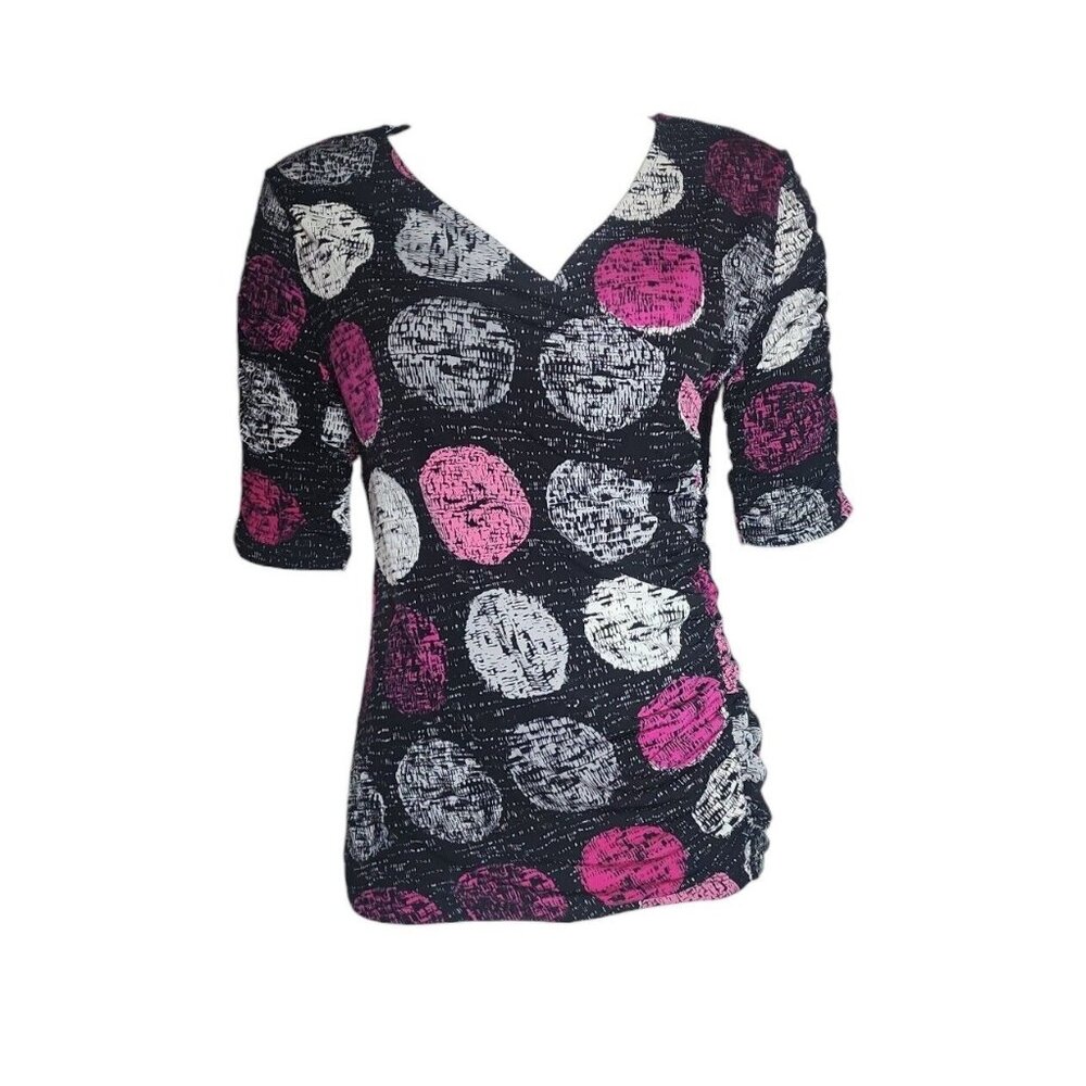 Style & Co Top Womens Size S Small‎ Pink Black Geometric Pullover Surplice